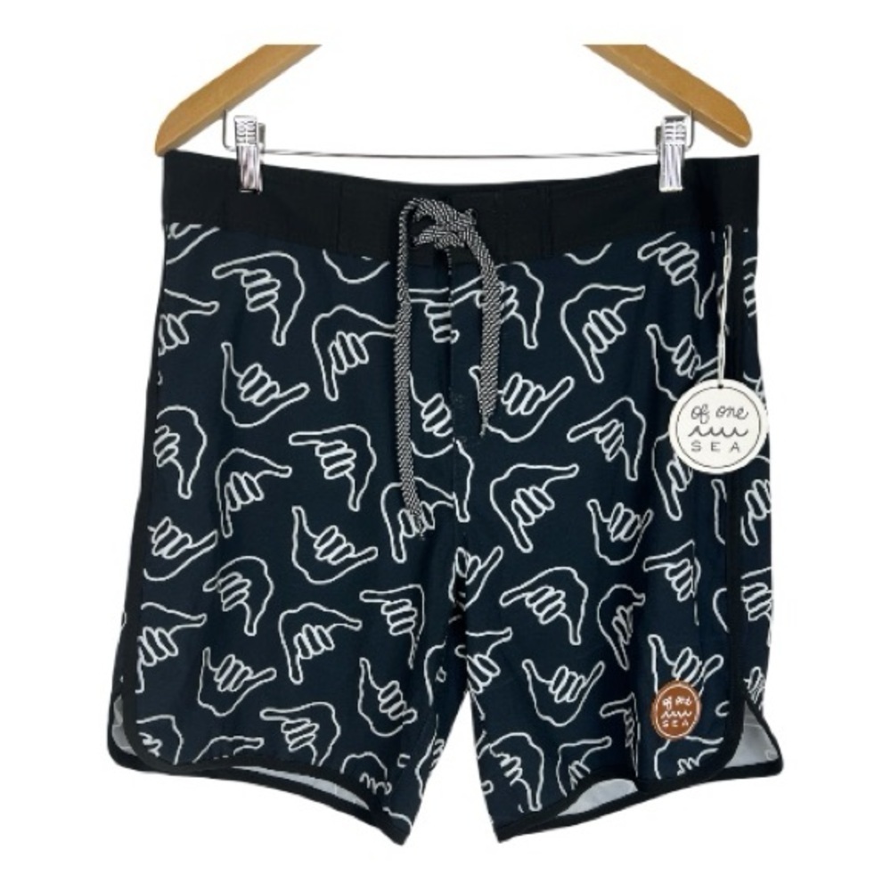 Of One Sea Sz 34 Boardshorts Retro Shaka Black Stretch NWT